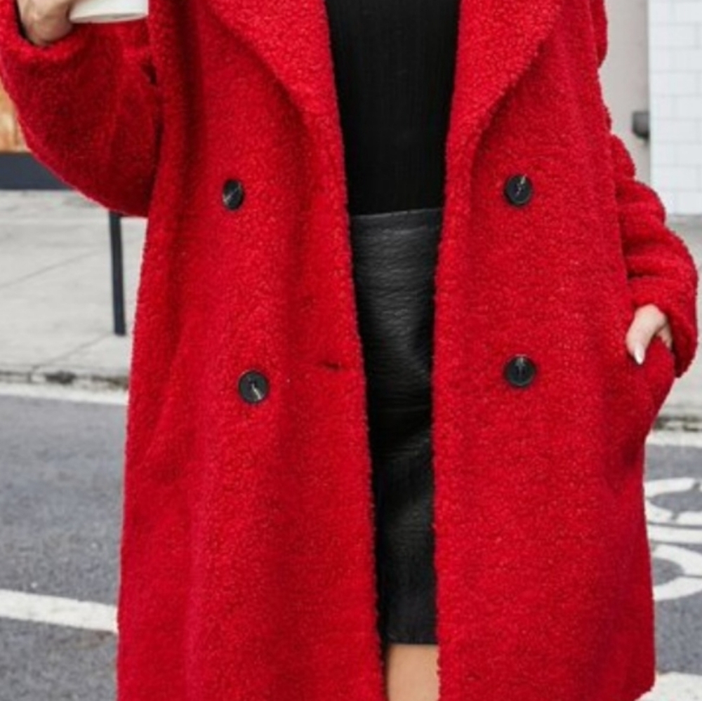 Red Faux fur teddy pea coat contemporary - Picture 4 of 10